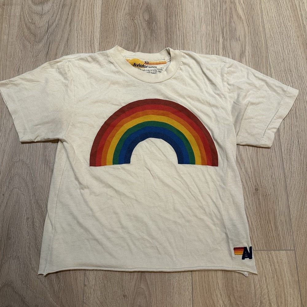 Aviator Nation Womens Ivory Bug Rainbow Boyfriend Tee Logo Graphic Sz XS Cropped - Picture 3 of 7